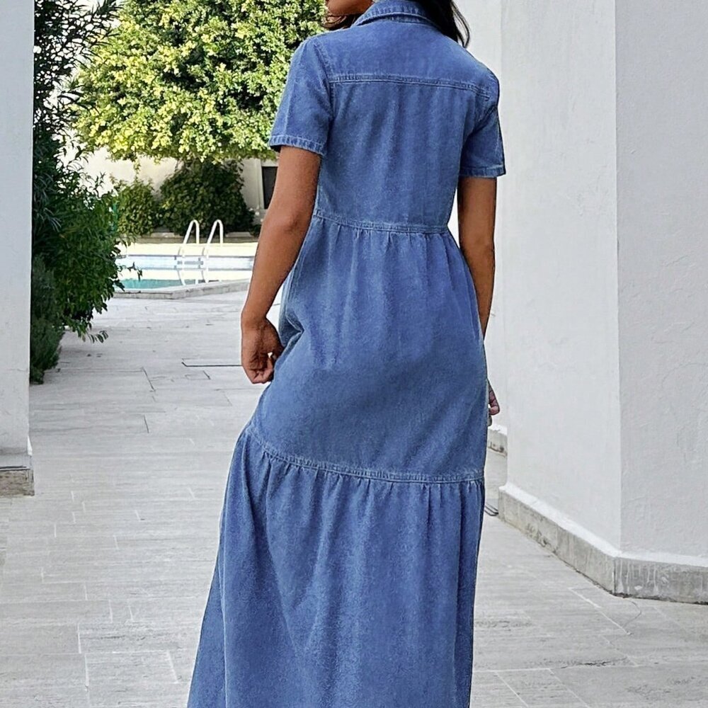 Light Wash Casual Women's Denim Shirt Dress With Ruffled Hem - Picture 2 of 7